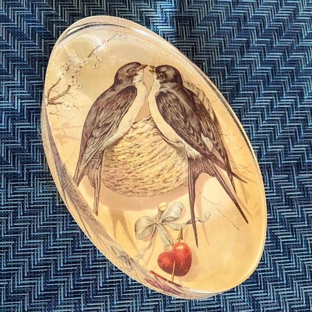Vintage Oval Glass Paperweight With Birds & Cherry Illustration
